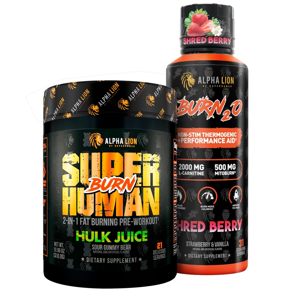 ALPHA LION Stubborn Fat Loss Stack - Superhuman Burn Pre Workout + Burn2O Liquid L-Carnitine 2000mg (ShredBerry) - 2-i-1 Thermogenic Fat Burning Stack för Män & Kvinnor