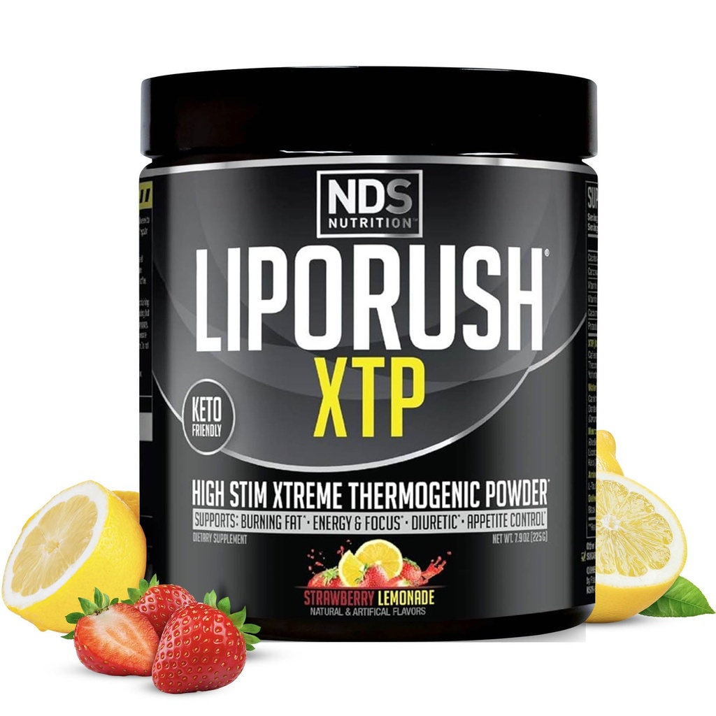 LIPORUSH NDS Nutrition XTP Thermogenic Fat Burner med L-Carnitine - Energy, Focus och Appetite Control - Extreme Thermogenic Fat Burning Powder Weight Loss - Strawberry Lemonade (45 portioner)