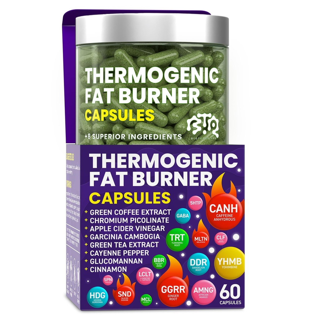 Thermogenic Fat Burner Capsules - Viktminskning Piller för kvinnor och män, Appetite Suppressant, Metabolism Booster - Green Tea, Coffee Extract, Garcinia Cambogia - Diet Pills för viktminskning - 60 kapslar