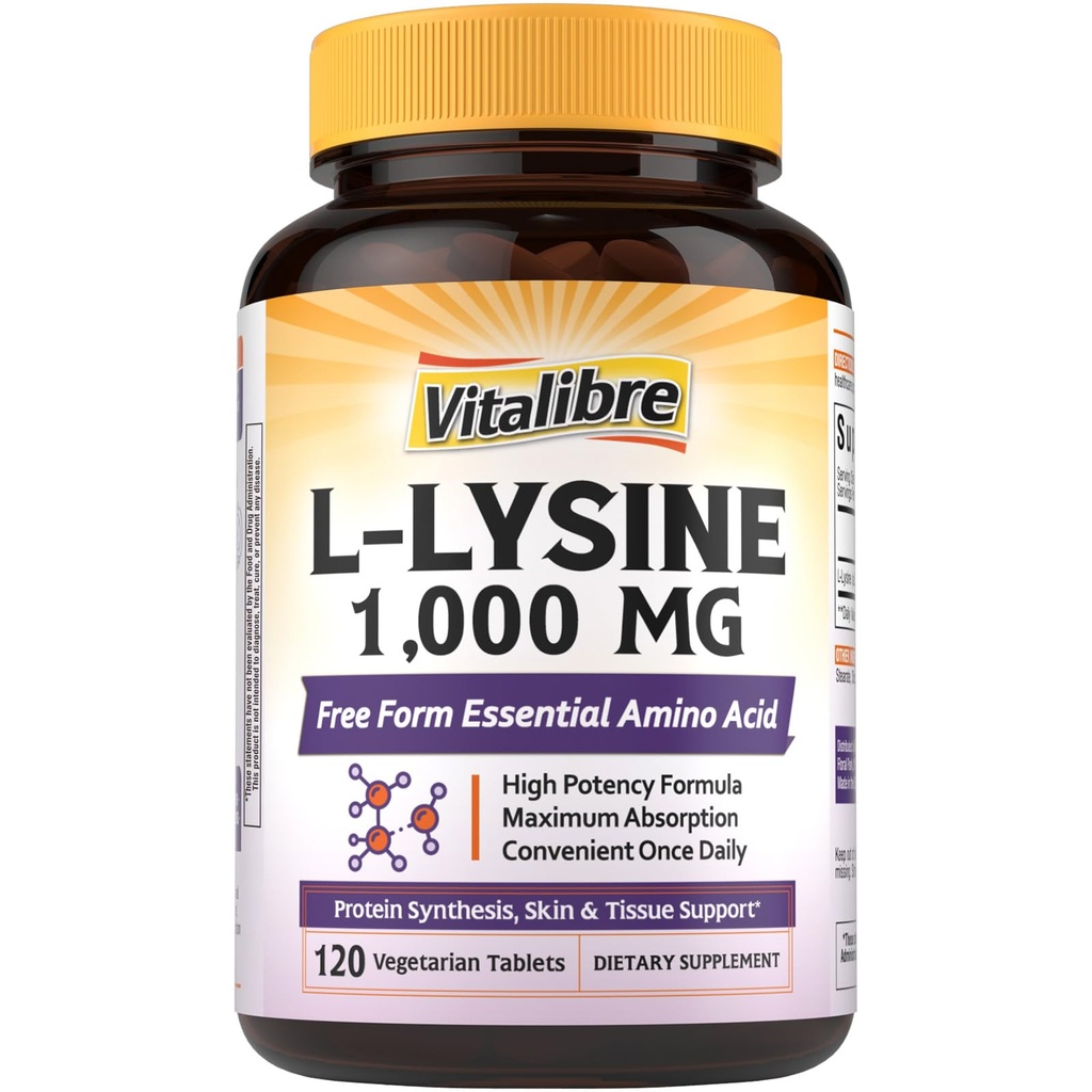 Vitalibre L-Lysine 1000 mg, High Potency L-Lysine HCl, Free Form Essential Amino Acid, Protein & Collagen Synthesis, Immune Support, Maximal Absorption, Vegan, 120 tabletter