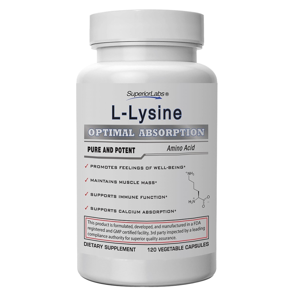 Superior Labs L-Lysine 500 mg kapslar, ren icke-GMO, tredjepartstestade, inga fillers, glutenfri, stöder immunsystem, främjar kalciumabsorption, 120 Caps