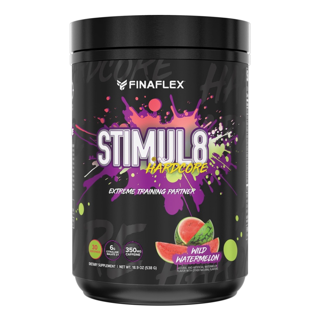 FINAFLEX STIMUL8 Hardcore, Wild Watermelon - Extrem energi, styrka och uthållighet för män och kvinnor - med koffein & L-citralin - 30 portioner