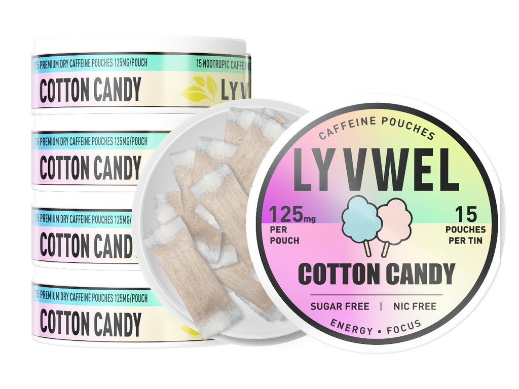 LyvWel 125mg koffein energipåsar - ren energi med Guarana för fokus och uthållighet - 5-pack (75 totala påsar) (5 pack, bomulls godis)