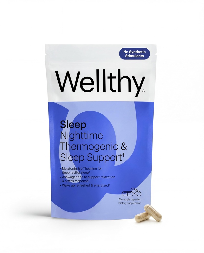Wellthy Night Time Thermogenic - Vitamin B6, Ashwagandha & Melatonin - Nighttime Thermogenic för kvinnor - Belly Thermogenic - Natural Weight Loss Supplements för kvinnor, 60ct