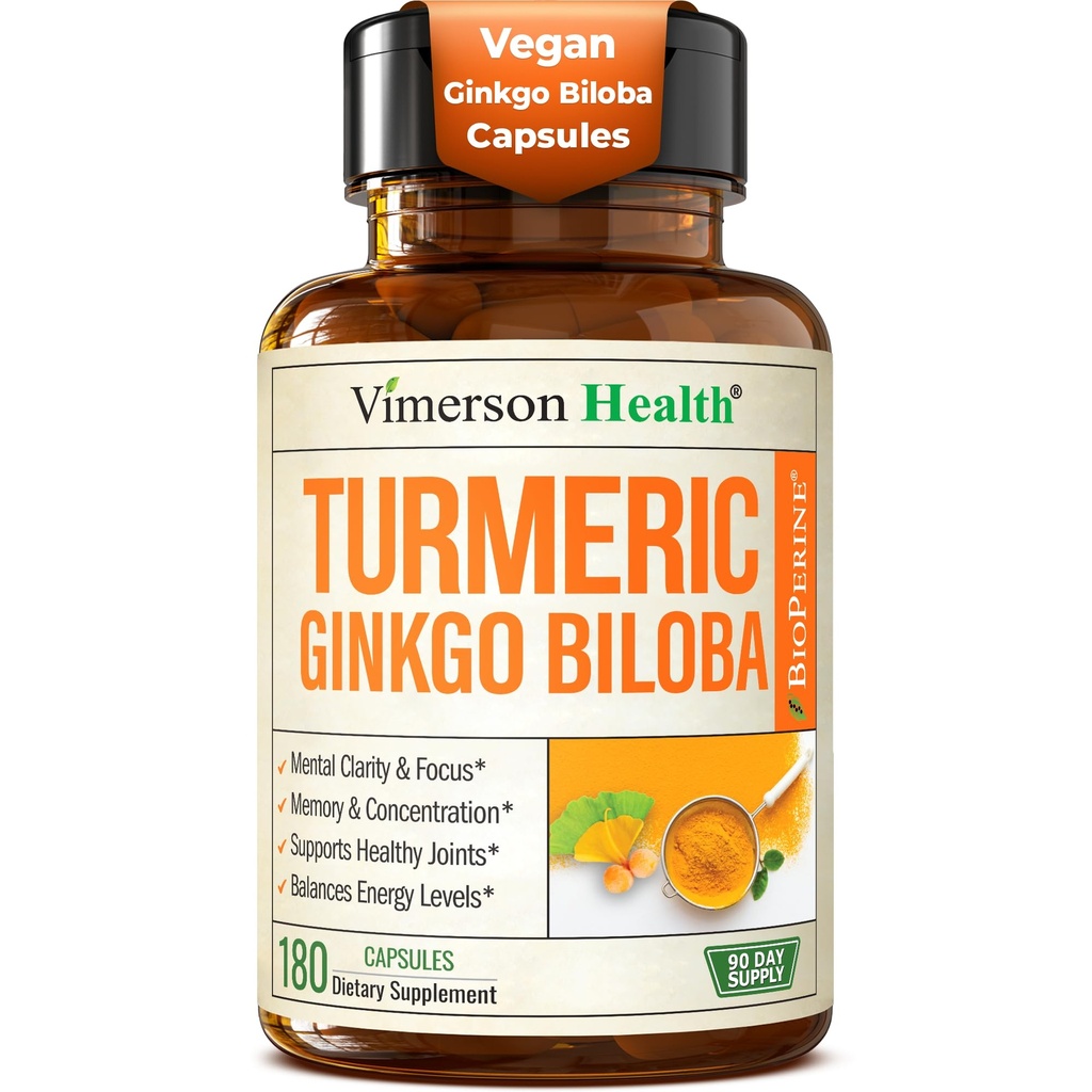 Ginkgo Biloba Supplement med gurkmeja Curcumin och Black Pepper för hög absorption - Ginko Biloba Capsules med Curcuma för Focus, Memory Support, Joint & Brain Health - NonGMO - 180 Vegan Capsules