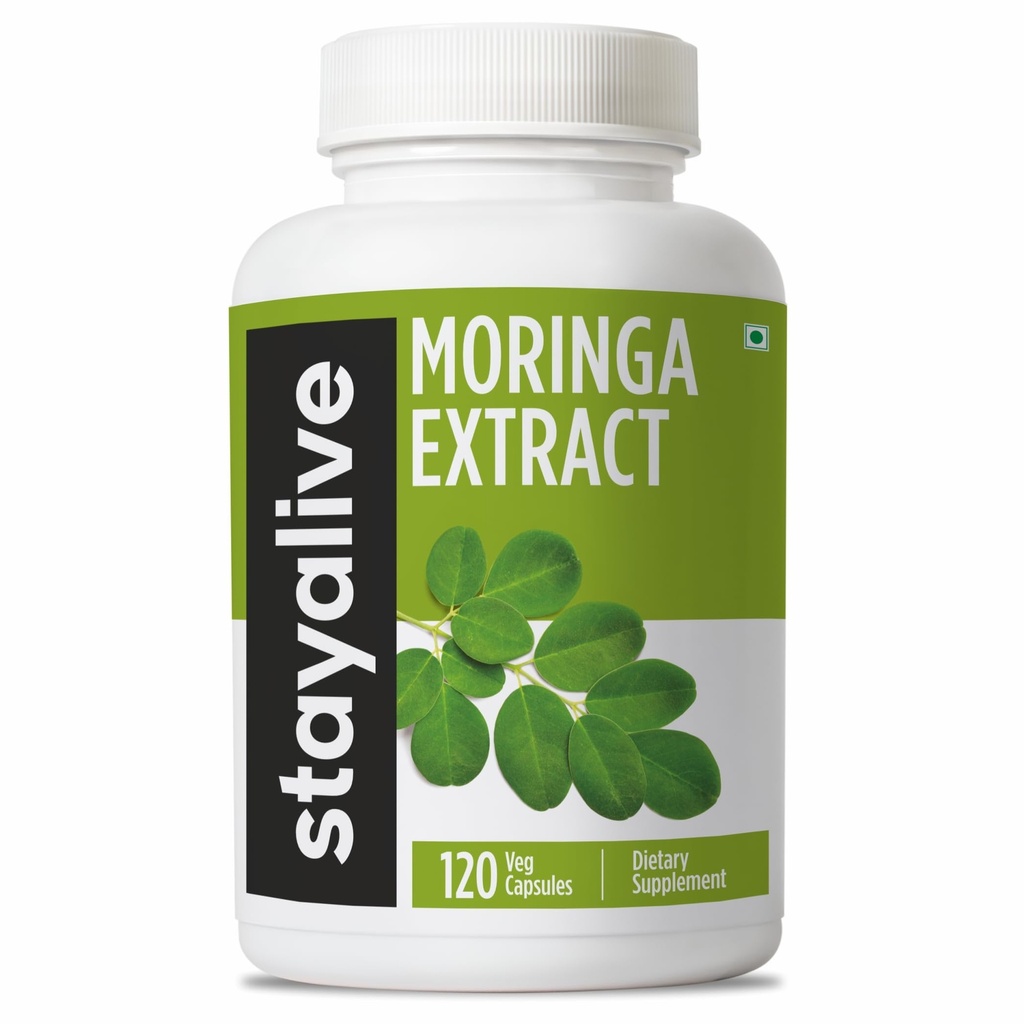 STAY ALIVE Moringa Capsules 1000mg, 20:1 Extract, 120 Pills, Green Superfood med extra styrka, 100% Pure Oleifera Leaf Powder, 2 månader Supply, All Natural, Non-GMO & Gluten Free Moringa Supplement