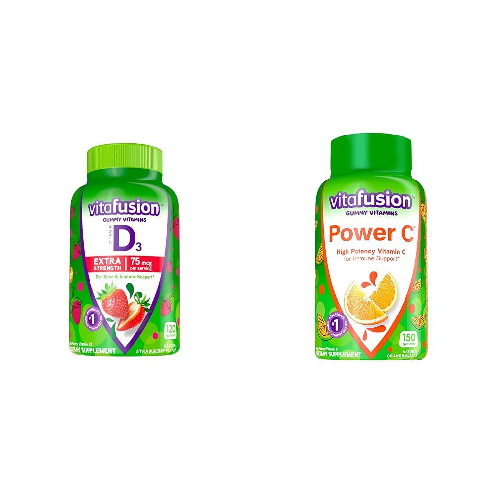 Vitafusion Extra Strength Vitamin D3 Gummy & Power C Vitamin C Gummies for Immune Support, Orange smaksatt, 282 mg Vitamin C, Amerikas nummer 1 Gummy Vitamin Brand, 50 Day Supply, 150 Count