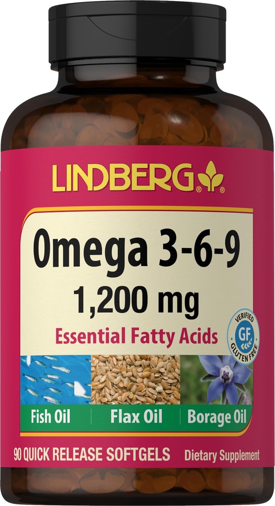 Lindberg Omega 3 6 9 Supplements | 1200mg | 90 Softgels | Essential Fatty Acids | med Fish, Flax och Borage Oil | Non-GMO, Gluten Free