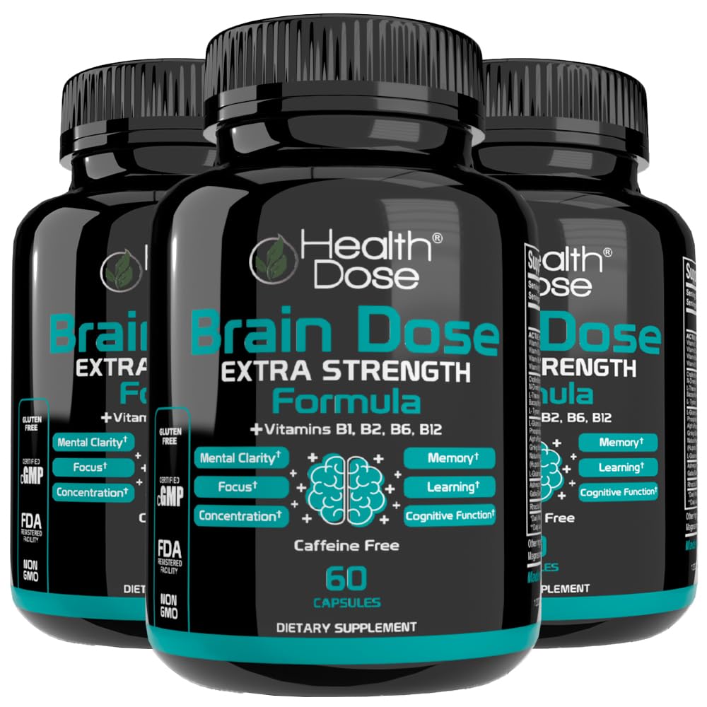 Hälsodos Brain Dose Premium Nootropics - Koffeinfri extra styrka Formel för män och kvinnor - Stöder hjärnhälsa, kognitiv fokus och minnesretention, pack av 3.