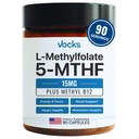 Vocks L Methylfolate 15mg 5-MTHF + Methyl B12 | High Potency Methylfolate Supplement | Active Methylated Folate Vitamin B9 | MTHFR Supplement | Folat Supplement för kvinnor och män | 90 kapslar