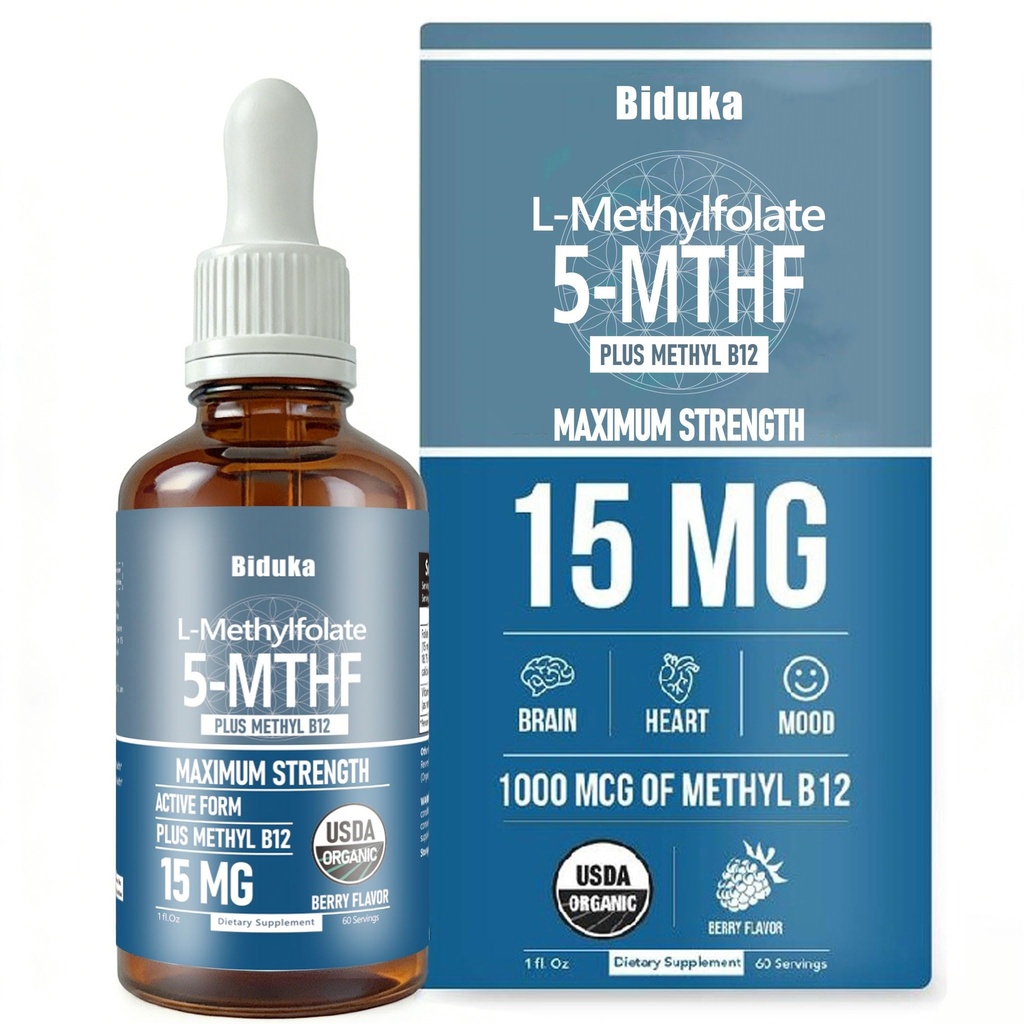 Organisk L-metyllfolat 15 mg + metyl B12 1000mcg flytande droppar-60 portioner