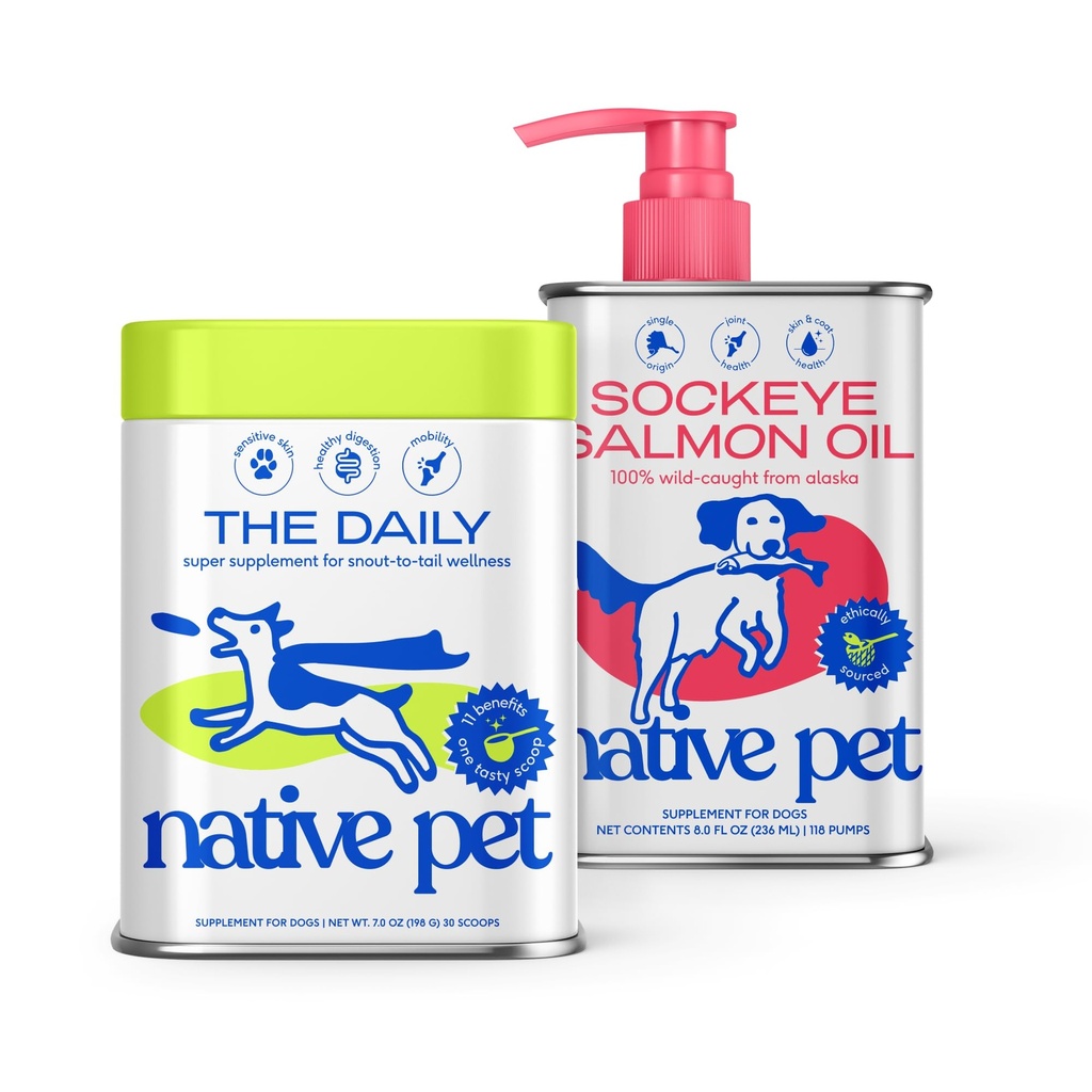 Native Pet The Daily Dog Supplement (30 skopor) & laxolja för hundar och katter (8 oz) - 11 i 1 multivitamin och ren omega-3 fiskoljetillskott för hud och rock, gemensam, hjärthälsa och inflammation