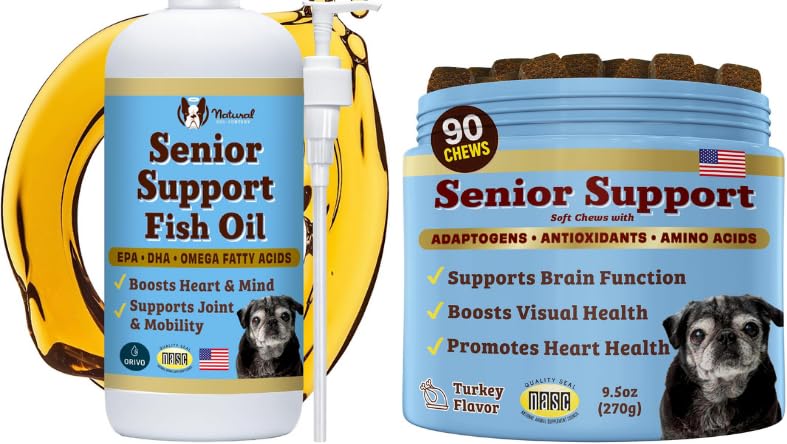 Natural Dog Company Senior Dog Bundle - Omega 3 Fish Oil Liquid 16oz & Senior Wellness Chews 90ct - Support Mobility, Brain, Heart & Eye Health med gurkmeja, lax, Lion's Mane & Omega-3s