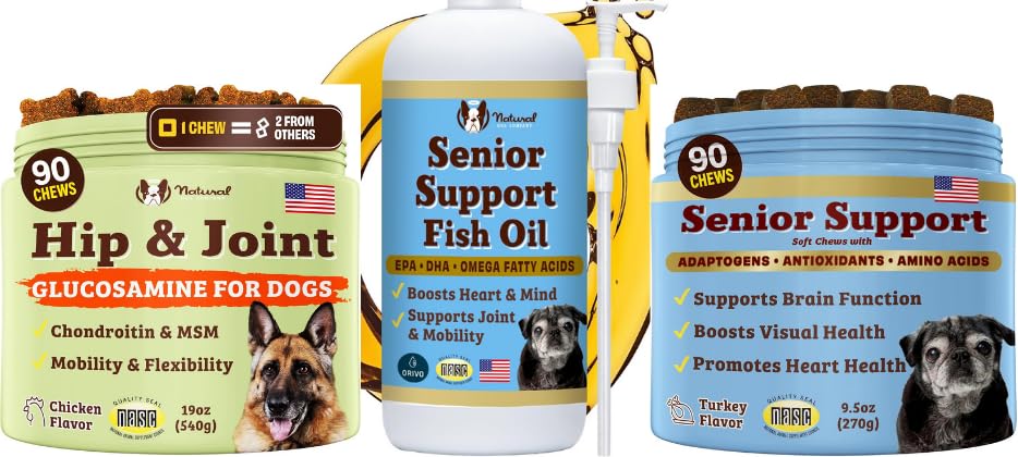 Natural Dog Company Senior Dog Bundle - Omega 3 Fish Oil 16oz + Senior Wellness Chews 90ct + Hip & Joint Chews 90ct - Support Joints, Brain, Heart, Eyes, Skin & Mobility med Omega-3s, Lion's Mane & G