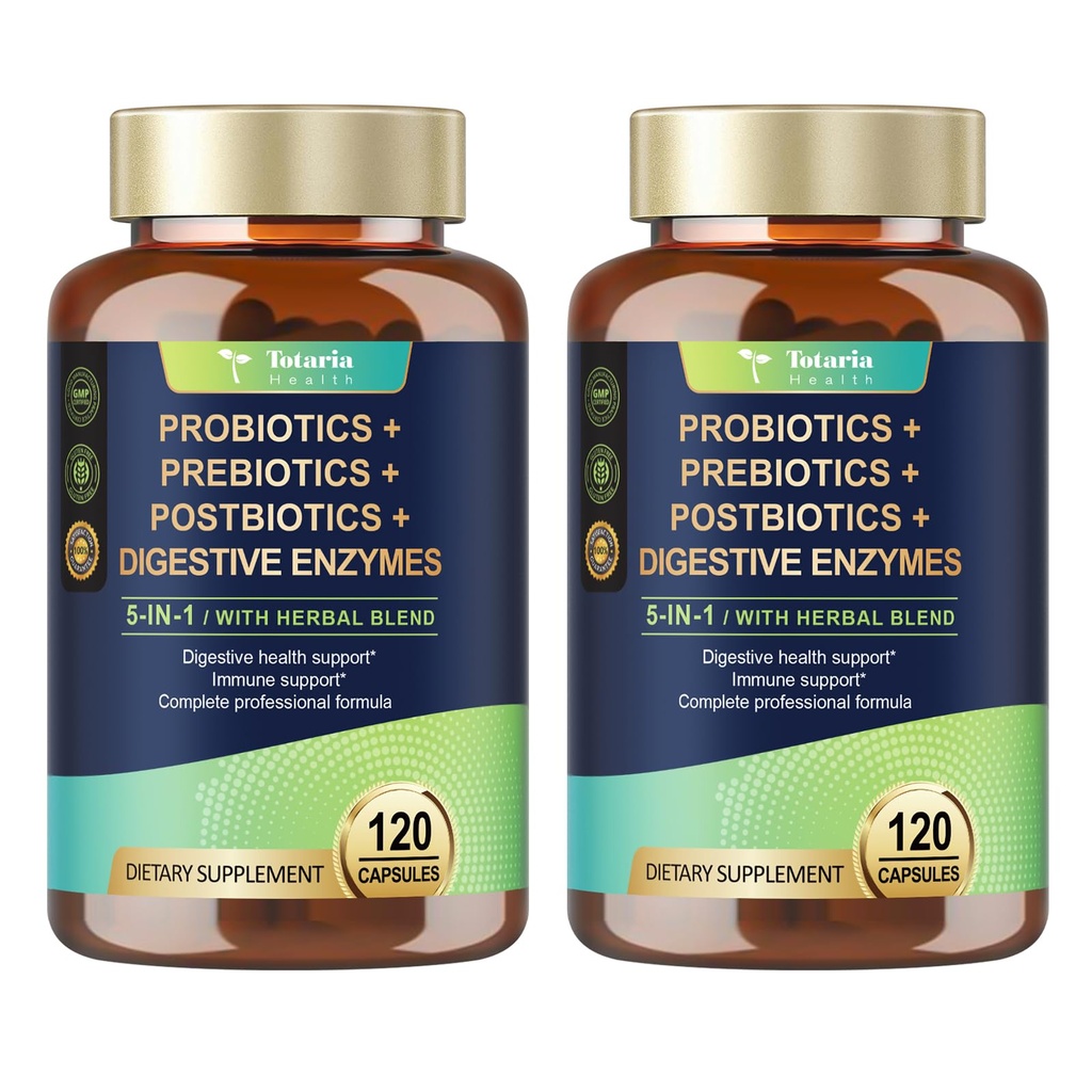 Totaria (2 Packs) 5-i-1 Probiotic Prebiotic & Postbiotic för kvinnor Män, 60 miljarder CFU 24 Strains w / Digestive Enzymes, Slippery Elm, Daily Complete Gut Health, Digestive & Immune Support