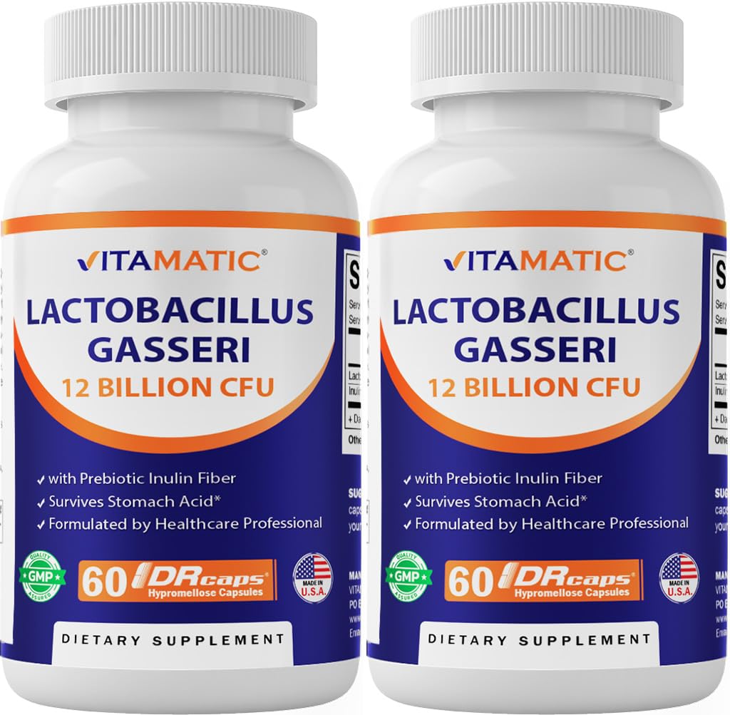 Vitamatic Lactobacillus Gasseri - 12 miljarder per DR-kapsel - 60 greve - Digestive Support - Made with Prebiotic Inulin Fiber-2 Pack