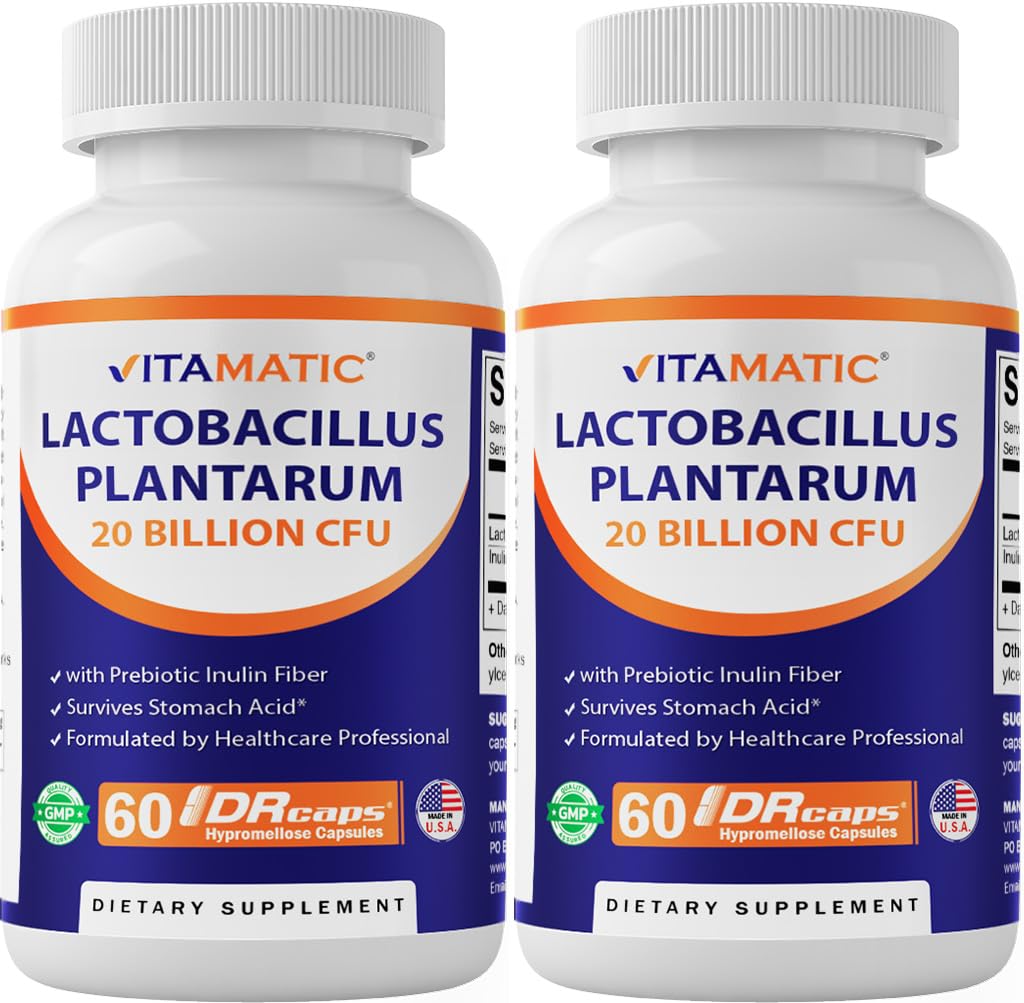 Vitamatic Lactobacillus Plantarum - 20 miljarder per DR-kapsel - 60 greve - Digestive Support - Made with Prebiotic Inulin Fiber-2 Pack