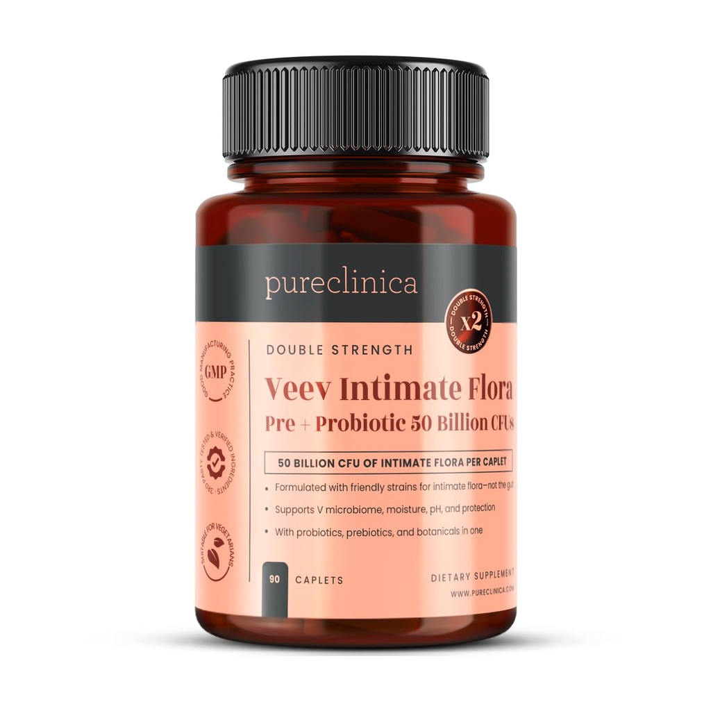 Pureclinica Veev Intimate Flora - Vaginal & Gut Microbiome Support - 50 miljarder CFU - Probiotika, Prebiotika, Cranberry, D-Mannose, Hyaluronic Acid - 90 Caplets - 3 månaders leverans