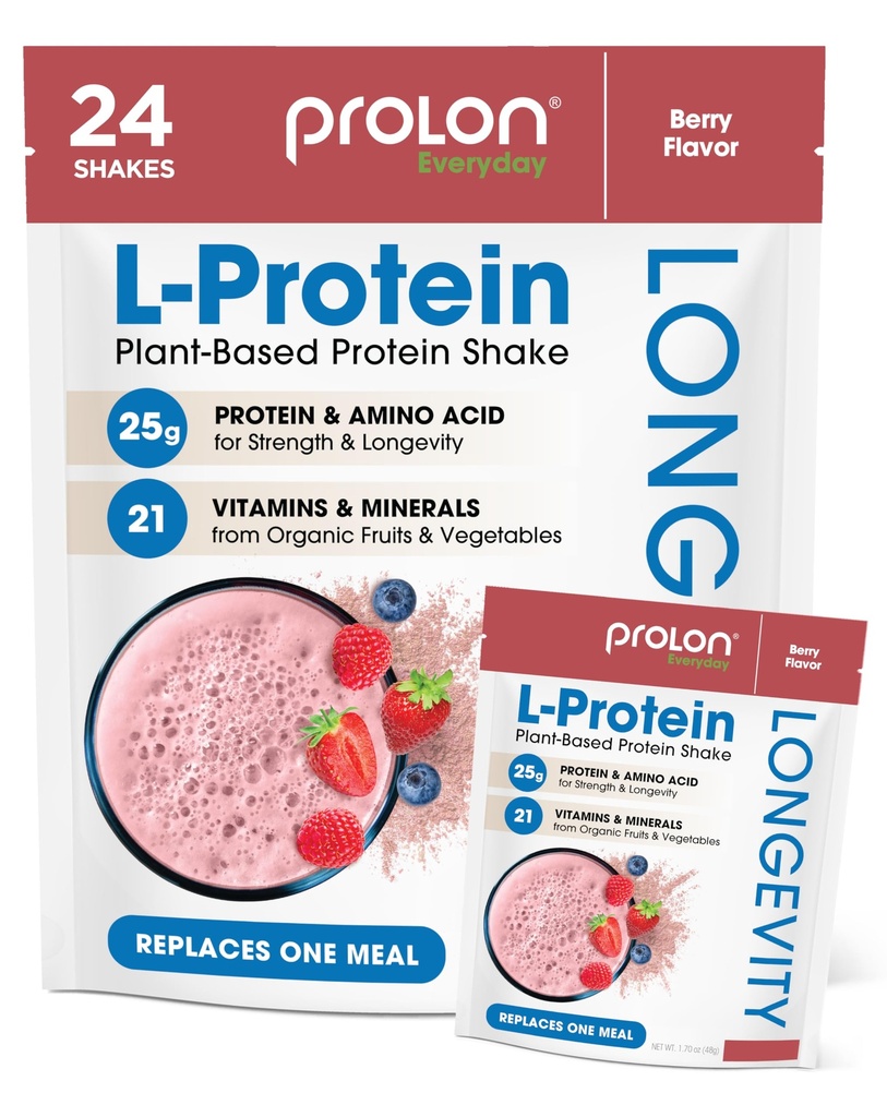Prolon Longevity Plant Based Protein Powder | Muscle Synthesis & Repair, Hälsosam åldrande, Boost Performance | Vitaminer, Gluten Fri, Aminosyror, Antioxidanter | 25g Protein | Berry, 24 Packets