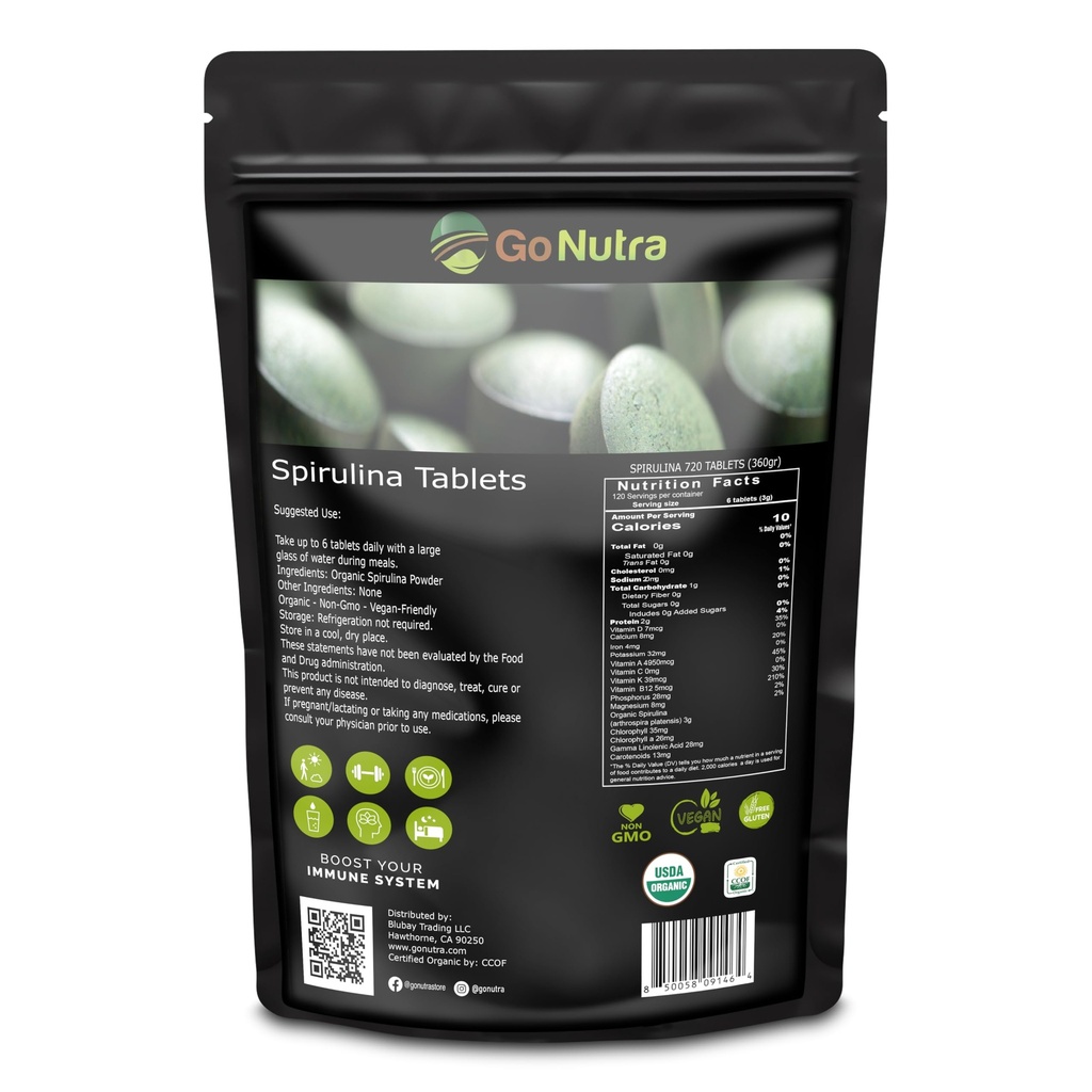 Gå Nutra Organic Spirulina tabletter | Nutrient Dense Organic Spirulina Superfood | Protein, Vitaminer, Mineraler, Fibrer, Aminosyror | Inga Fillers, Non-GMO, Vegan | 500 mg, 720 ct, 4 Month Supply