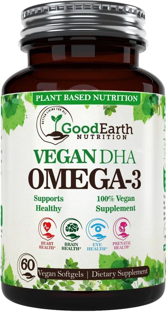 Algal olja - Vegan DHA Omega 3 fiskoljetillskott - Brain Booster, tillägg och prenatal vitamin - ger hälsosamt hjärta och immunstöd - Burpless Algae Supplement - 60 Mini Fish Softgels