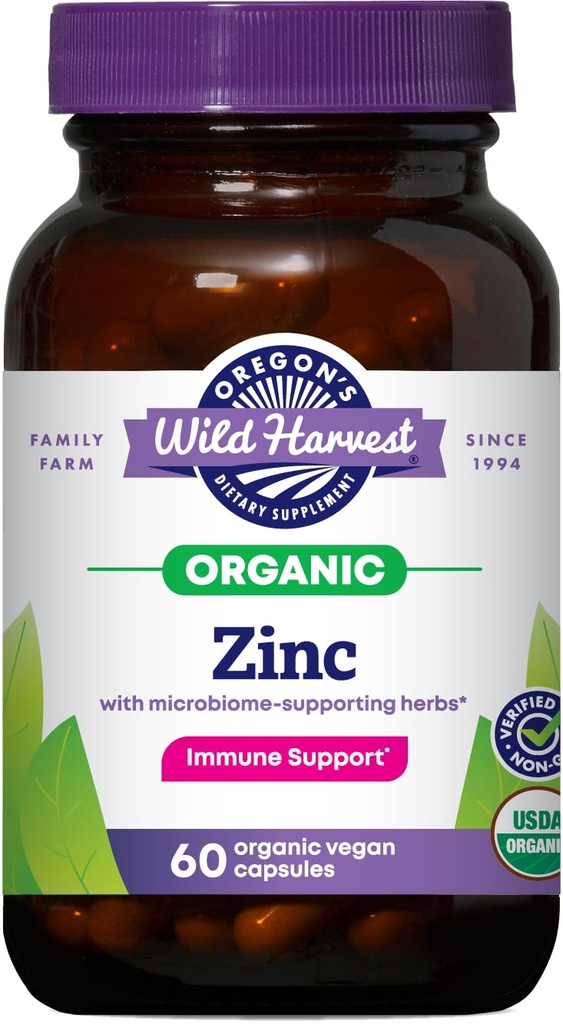 Oregon's Wild Harvest Zinc - USDA Certified Organic, Vegan Capsules för Immune Support med Microbiome-Supporting Herbs - Non-GMO, 60 Count