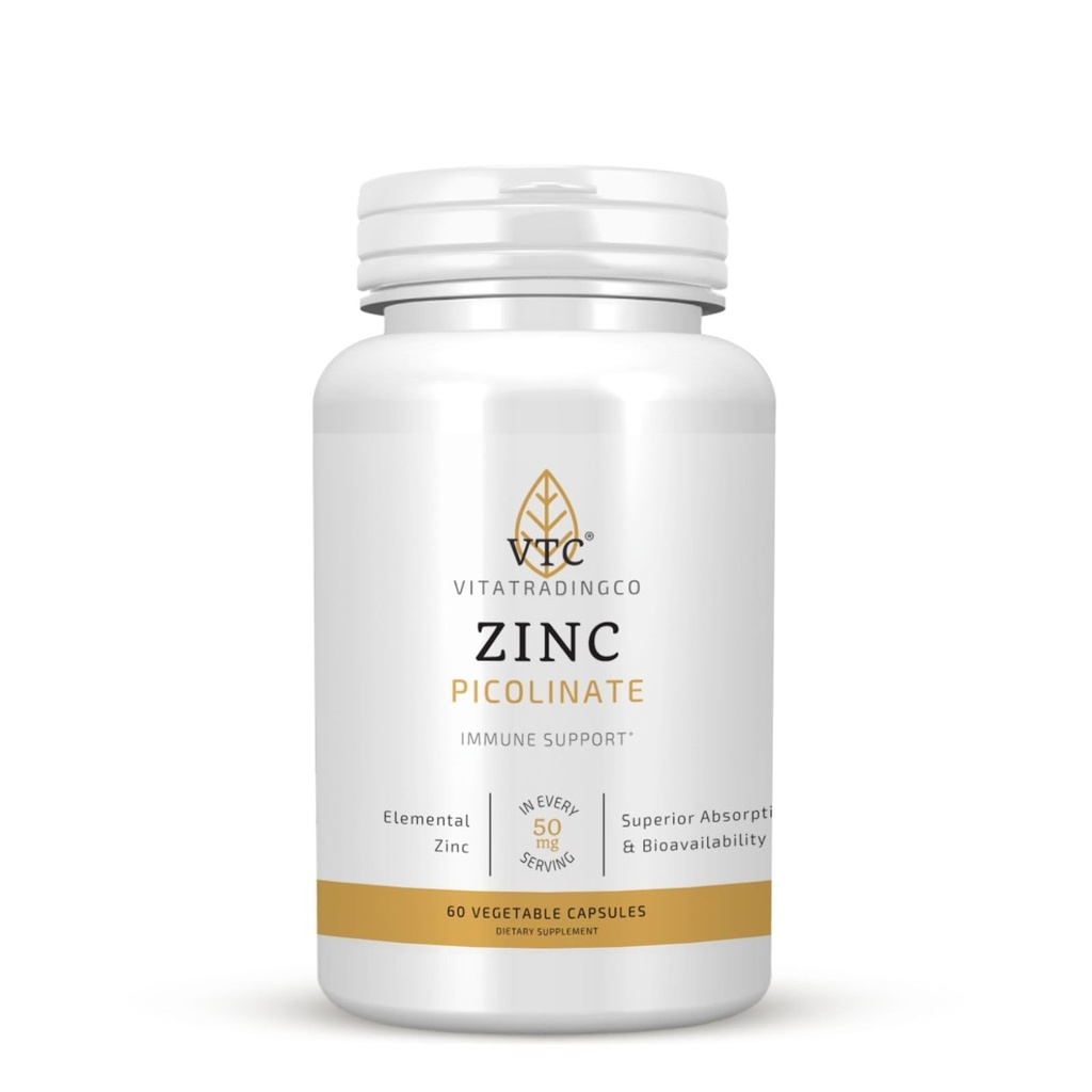 VTC VitaTradingCo. Zinc Picolinate | 50mg Elemental Zinc | Mycket möjlig | Immun & Antioxidant Support | för hudhälsa och cellulär funktion | 60 Veggie kapslar