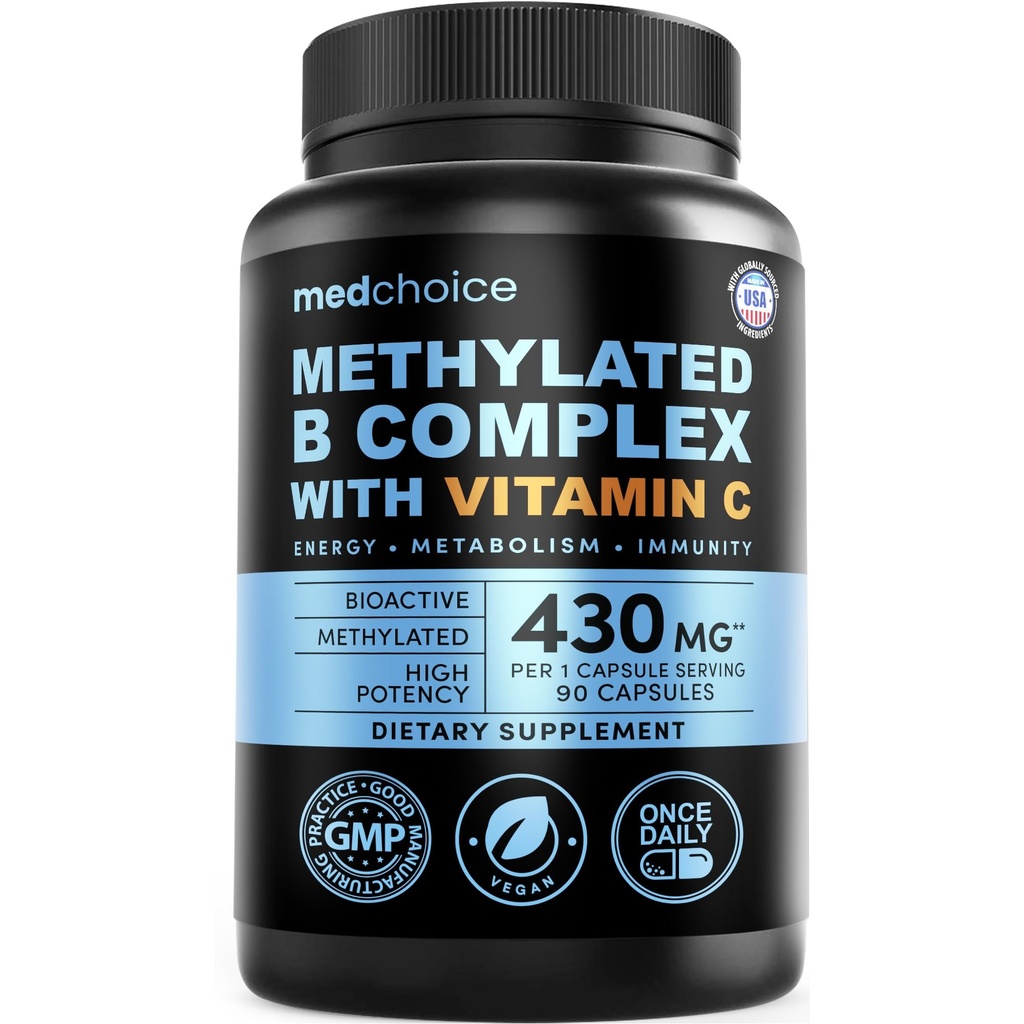 9-i-1 Vitamin B Complex - Methylated Multivitamin med B12 Methylcobalamin, Methylfolate, L-5-MTHF & Vitamin C - Methylated B Complex för kvinnor och män - Non-GMO, Gluten-Free, & Vegan (90 portioner)