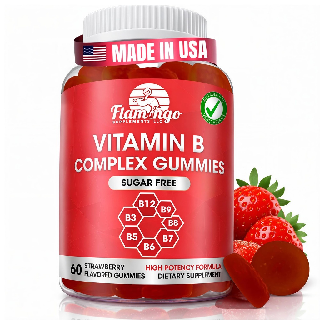 Sugar Gratis Vitamin B Komplex Gummies - Vitamin B12, B7, B6, B3 (Niacin), B5, B8, B9 (Folat) - Tredje part testad - Prenatal, Vegan Diet, Äldre Vuxna - B Komplex Vitamin Supplement- 60 Gummy Bottle