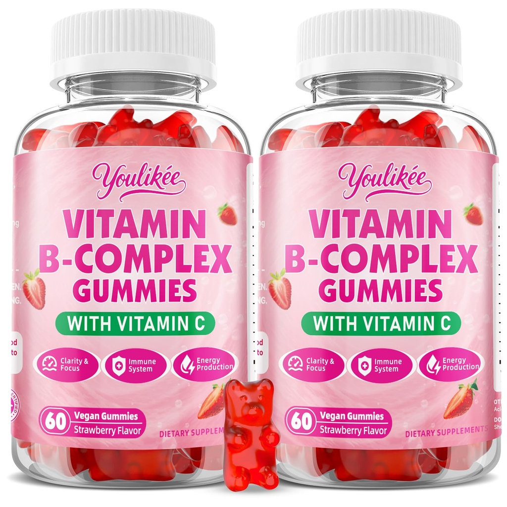 2 Pack Vitamin B-Complex Gummies för kvinnor och män, Methyl B12, B1, B2, B3, B5, B6, B7 & B9 - Vitamin B-komplex med vitamin C stöder energi och immunfunktion, jordgubbsmak, 120 greve