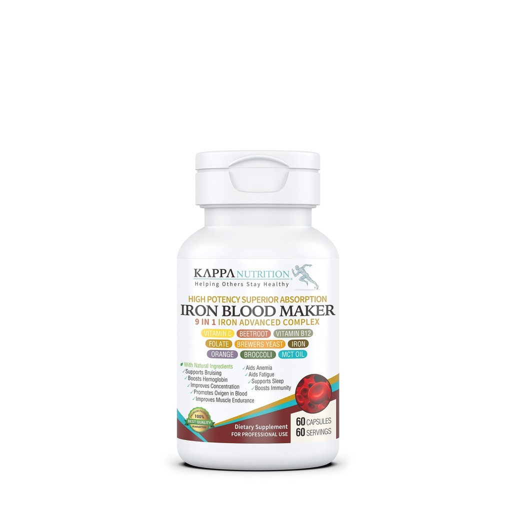 KAPPA NUTRITION Iron 26mg, Vitamin C & Orange 150mg, Folate 667mcg DFE, Vitamin B12, Beetroot, Brewers Yeast, Broccoli & MCT Oil 9 i 1 Avancerad komplex (60 kapslar)