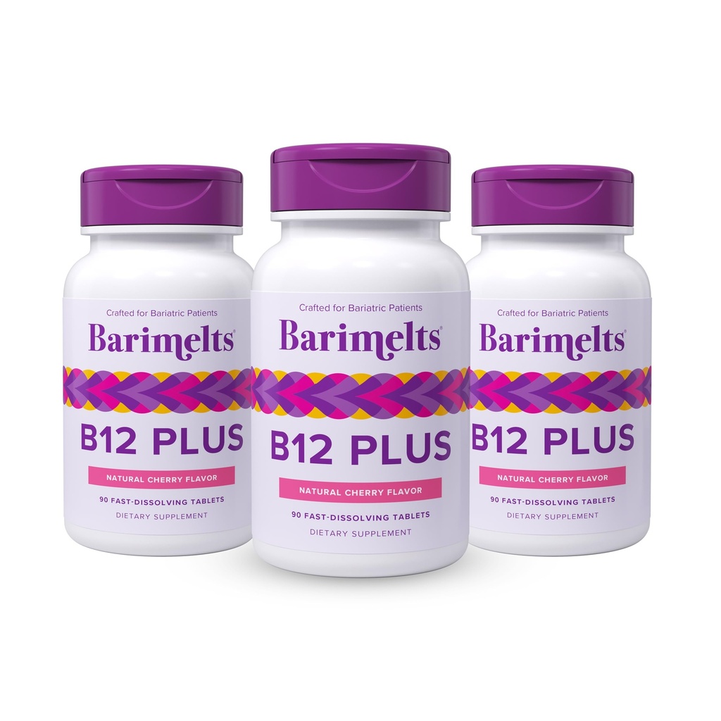 BariMelts Vitamin B12 Plus, 270 Fast-Dissolving tabletter (9-månaders leverans), sockerfri bariatriska vitaminer för kvinnor, innehåller B12, B6, folat och biotin, naturlig körsbär smak