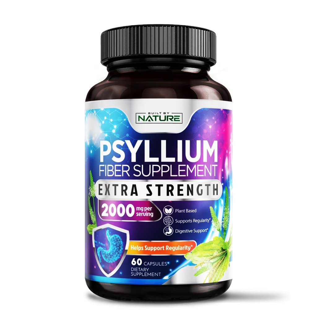 Psyllium Husk Capsules 2000mg - Fiber Supplement - Natural Soluble Fiber Pills med Psyllium Husk Pulver - Stöder Digestive Gut och Colon Health - Non-GMO, Gluten-Free, Vegan - 60 kapslar