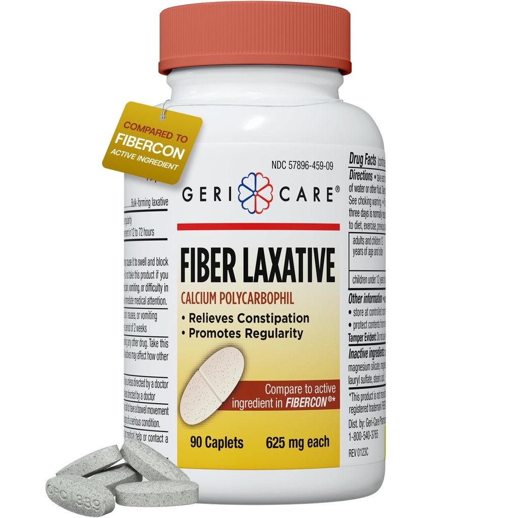 GeriCare Fiber Laxative - 625mg Calcium Polykarbophil Fiber Supplement för kvinnor och män - Gentle Effective OTC Relief för förstoppning och hemorrojder - Insoluble Fiber Capsules (90 greve)