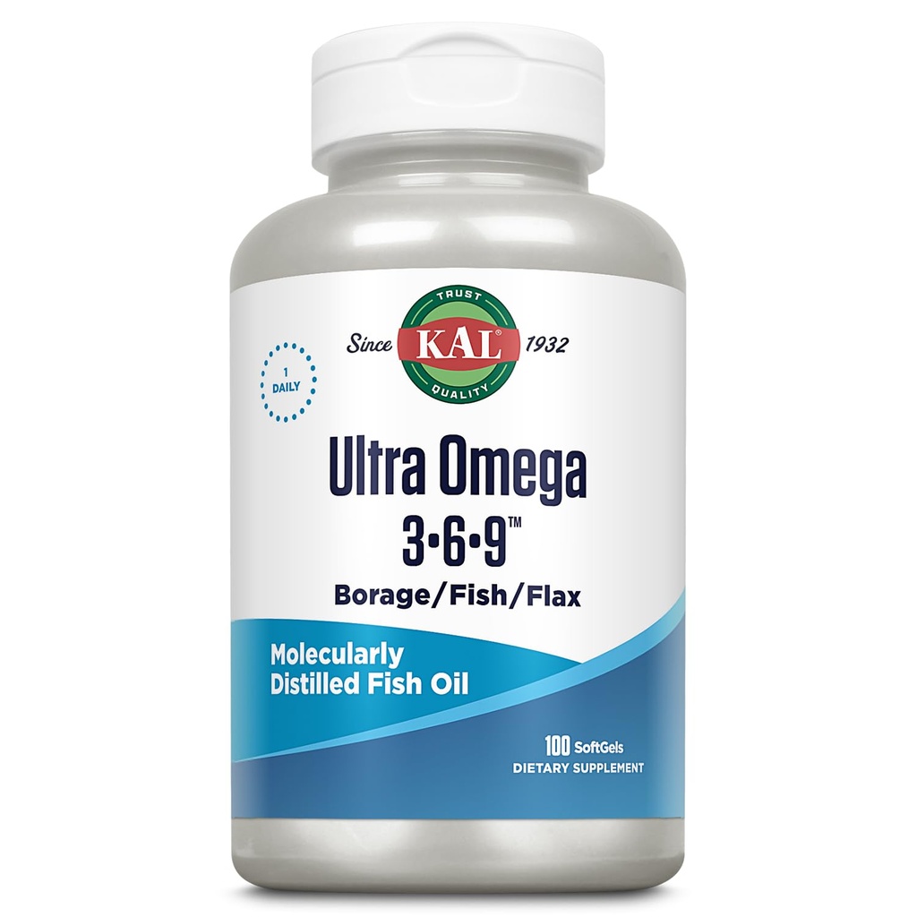 KAL Ultra Omega 3-6-9 1200mg | Fiskolja w/Cold Pressed Flaxseed & Borage Oil | Hud, Hår, Hjärta, Minne | 100 Softgels