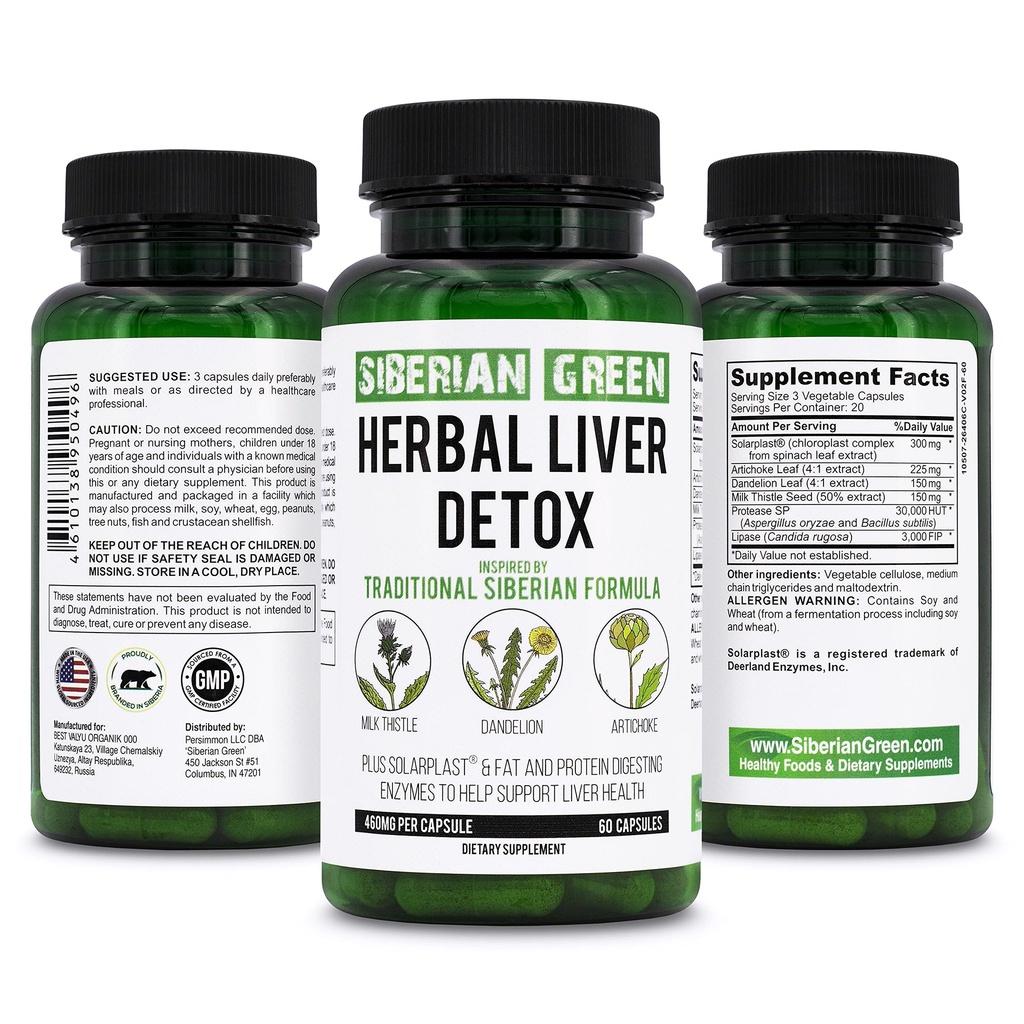 Siberian Green Herbal Liver Detox with Milk Thistle Artichoke Dandelion 60 Capsules – Traditional Siberian Formula Plus Enzymes to Support Liver Health