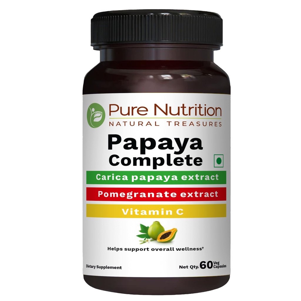 Pure Nutrition Papaya Complete - 60 Veg Capsules (Supports Platelet Immunity & Digestion) Varje kapsel innehåller 500mg Carica Papaya Fruit och Leaf Extract. Icke-GMO | Glutenfri