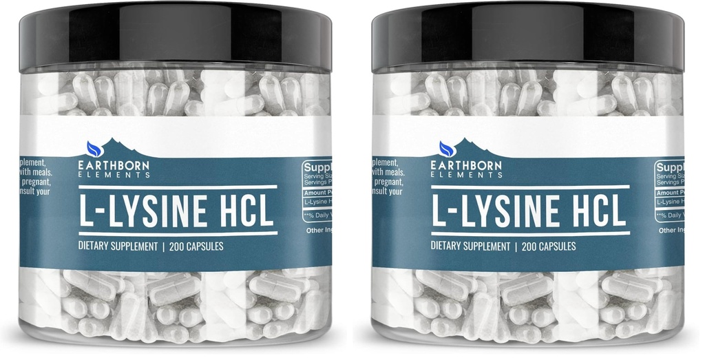 Earthborn Elements L-Lysine HCL 200 Capsules, Pure & Undiluted, No Additives (Pack of 2)