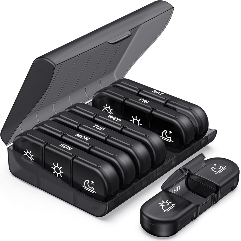 PULIV Weekly Pill Organizer 3 gånger om dagen, Portable Travel Pill Box 7 Day med stora Pill Containers, Light-Proof Pill Case för vitaminer, medicinering, kosttillskott och fiskoljor (Black)
