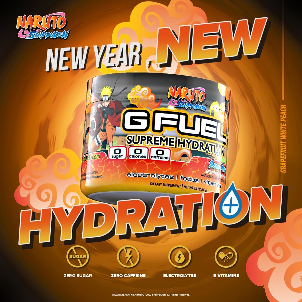 G Fuel Naruto Sage Supreme Hydration, Electrolyte Powder Mix för energi & Focus, Sugar & Koffeinfri Supplement med viktiga vitaminer och mineraler, Grapefrukt WhitePeach smak, 3,3 oz - 30 portioner