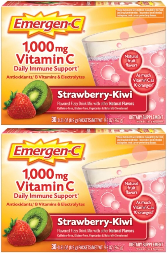 Emergen-C 1000mg Vitamin C Powder, Strawberry Kiwi Flavor, Antioxidanter, B Vitaminer och Electrolytes, Vitamin C Supplements for Immune Support, 30 Count (Pack of 2)