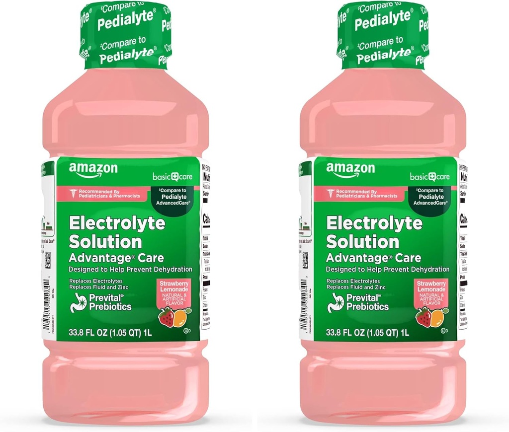 Grundläggande vårdfördelar vård Electrolyte lösning med prevital prebiotika, jordgubbslemonad, Hydration Drink, repenish Electrolytes, Fluid & Zink, 33,8 Fl Oz (Pack av 2)