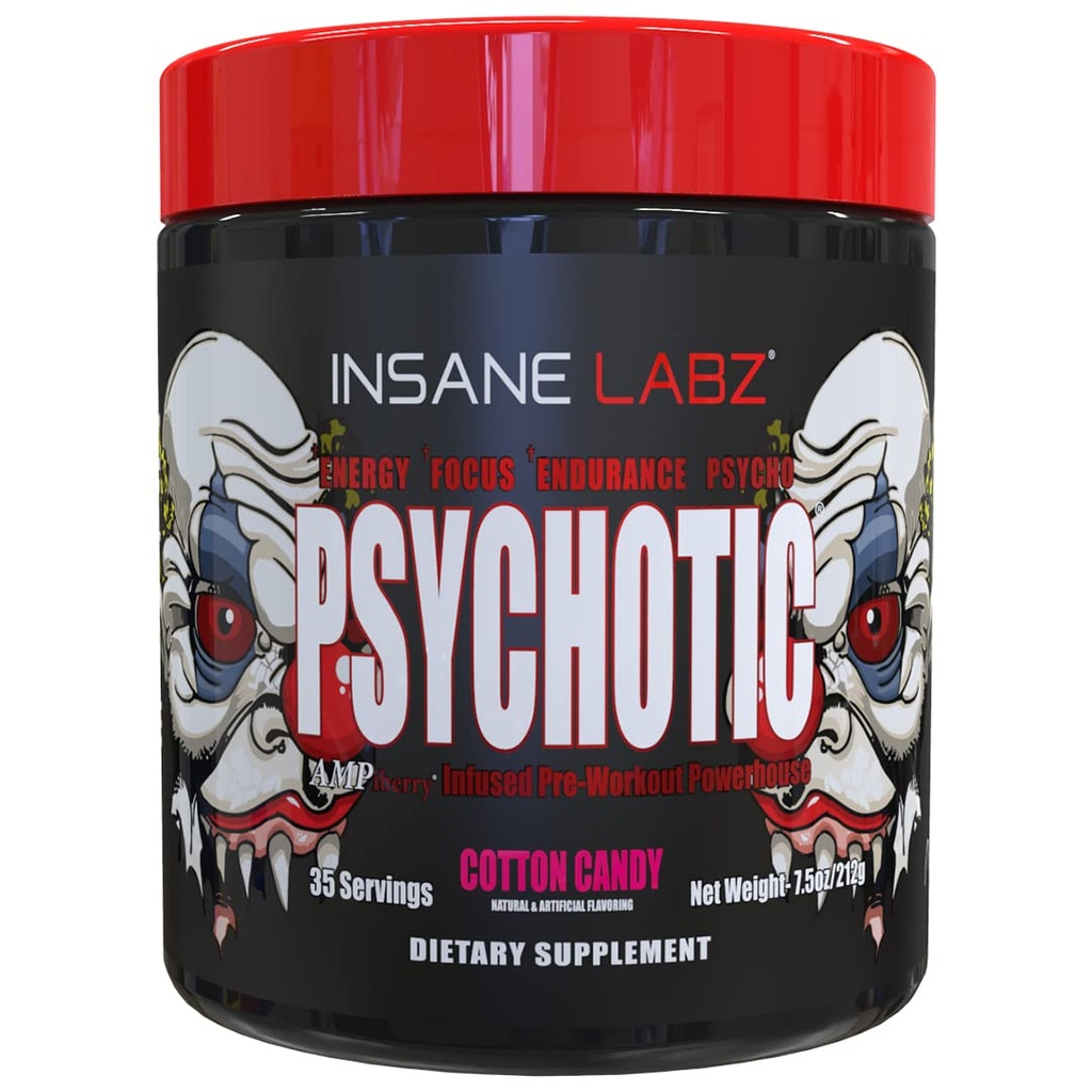 Insane Labz Psychotic, High Stimulant Pre Workout Powder, Extreme varaktig energi, fokus och uthållighet med Beta Alanine, Kreatin Monohydrat DMAE, 35 Srvgs (Cotton Candy)