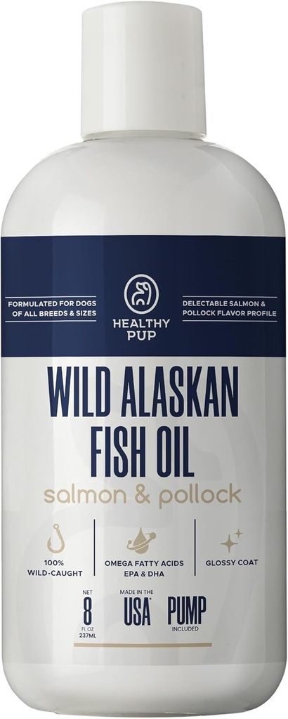 Wild Alaskan laxolja för hundar med Pollock - 8 uns Pollock och laxolja, Omega 3, EPA och DHA - Dogs Skin and Coat Supplement - Tillverkad i USA
