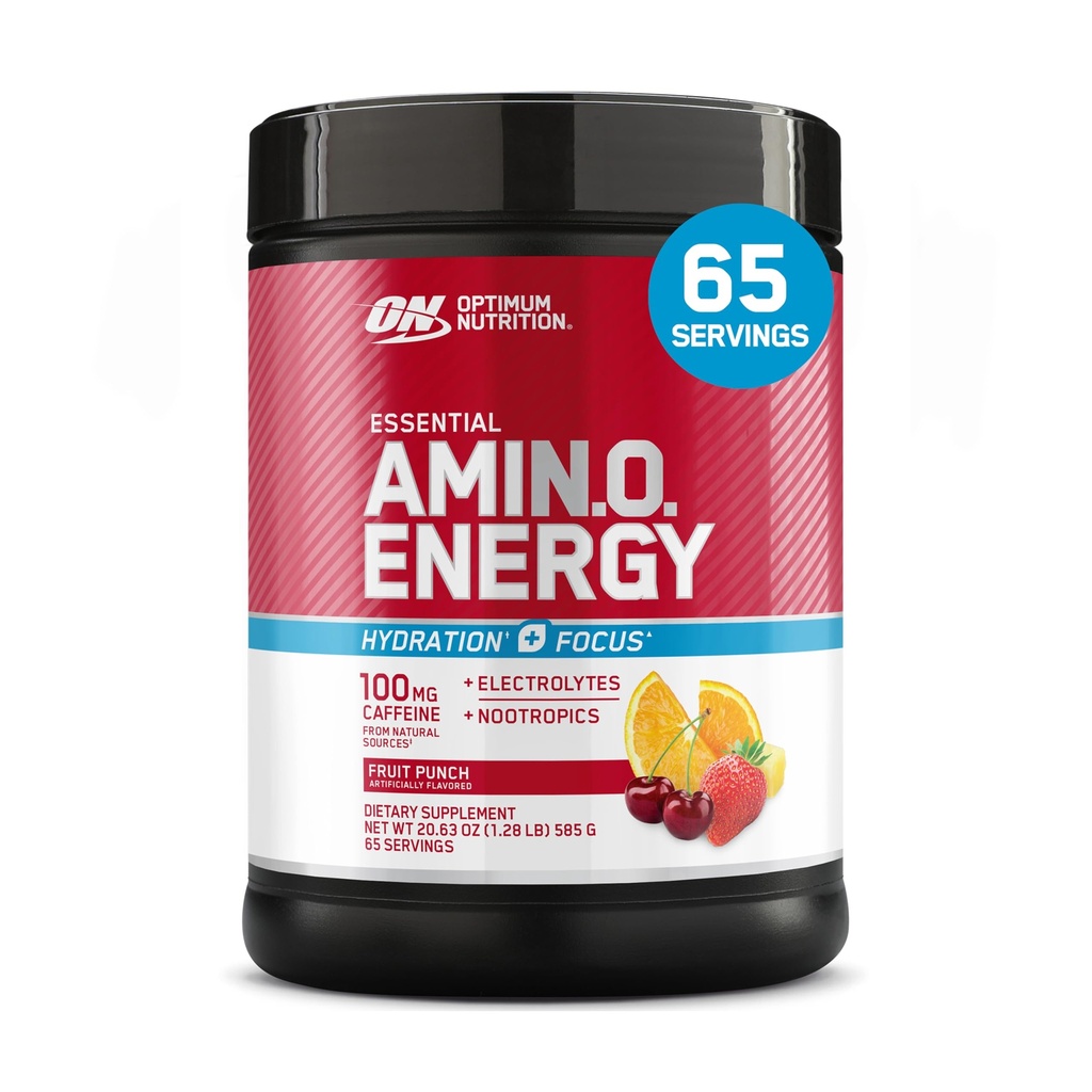 Optimum Nutrition Amino Energy Powder Plus Focus, med BCAA, Electrolytes och koffein, Fruit Punch, 65 portioner (Packaging May Vary)