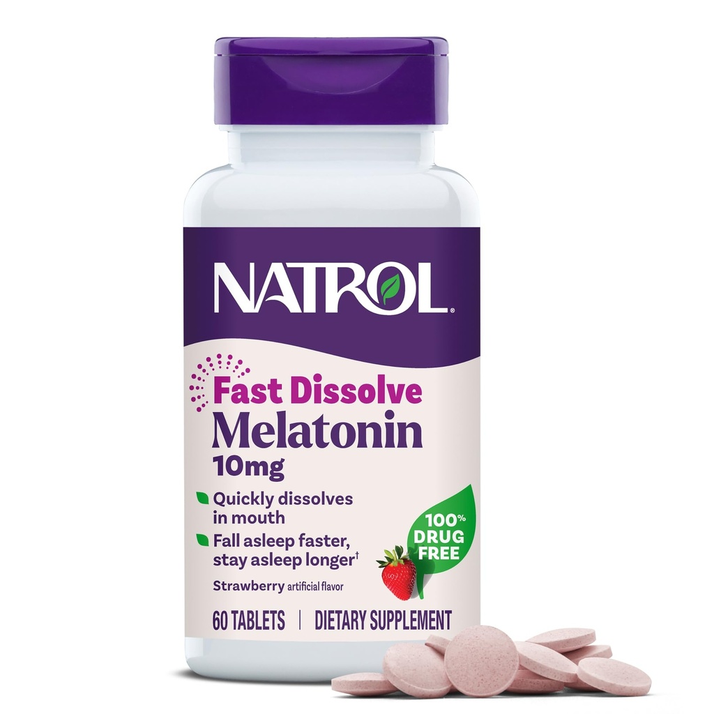 Natrol Melatonin 10mg Snabbupplösta tabletter - jordgubbsmak, 60 greve, sömnstöd, snabbupplöst melatonin för vuxna, 60-dagars leverans