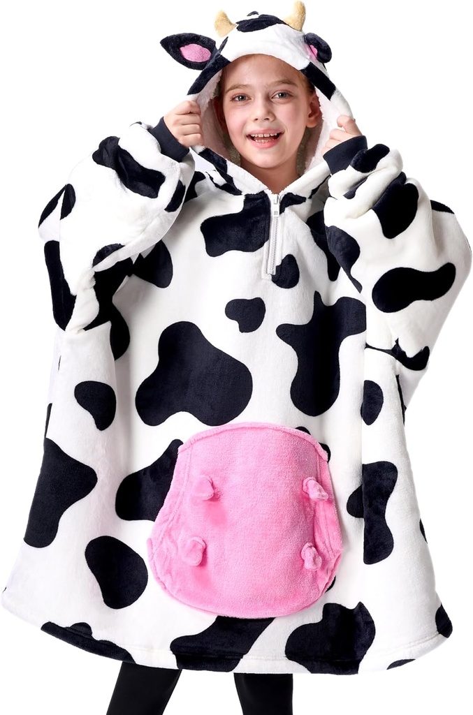 Giggling Getup Wearable Blanket Hoodie för flickor och pojkar Sherpa Fleece Hooded Blanket Sweatshirt Warm Cozy Sherpa Wearable Throw Oversized Hoodie med Giant Pocket & Sleeves för barn Cow