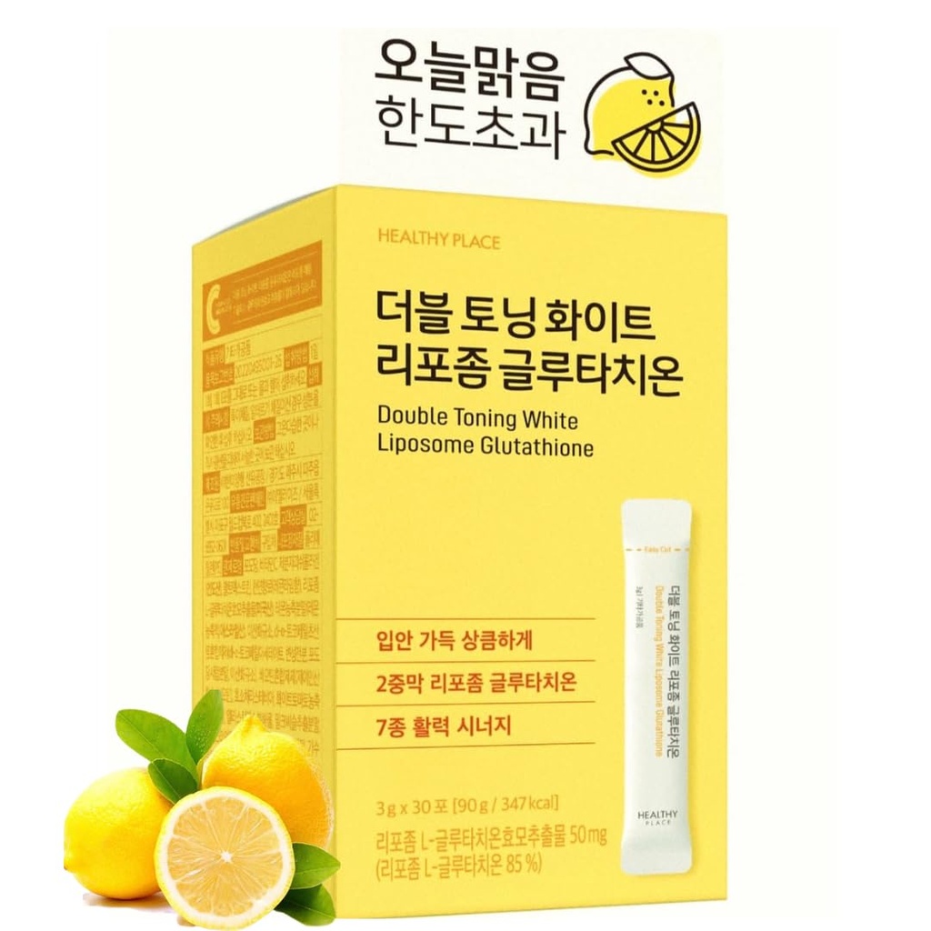 HEALTHY PLACE Double Toning White Liposome Glutathione Korean Beauty Supplement – Liposomal L-Glutathione, Vitamin C 500 mg, Vitamin E, Biotin & Fish Collagen 500 mg, Lime-Lemon Flavor – 30 Packets