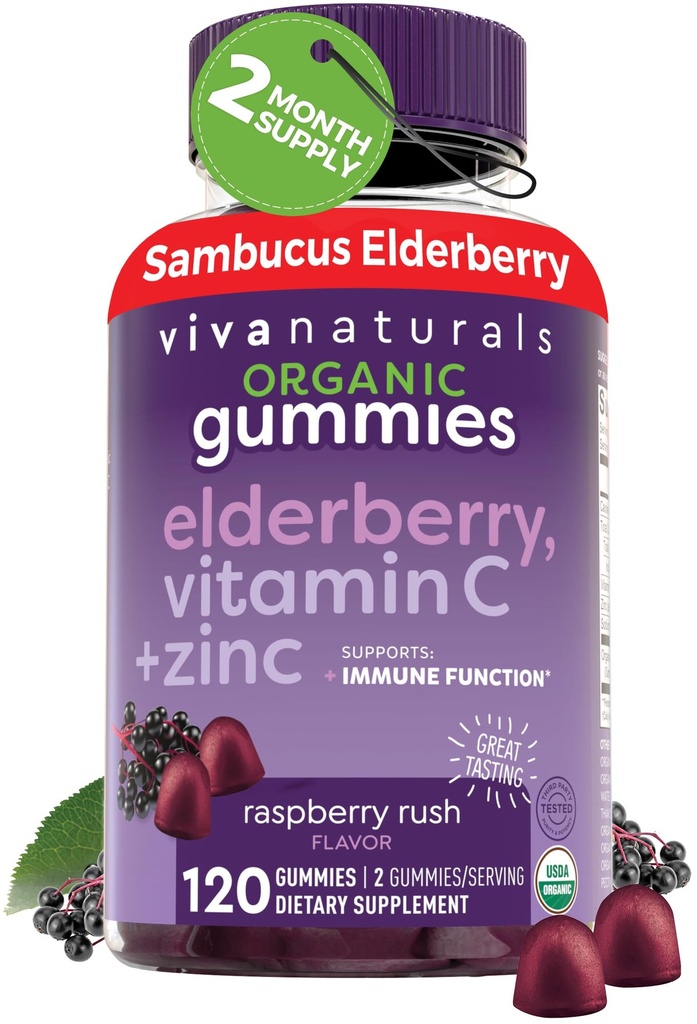 Viva Naturals Organic Sambucus Elderberry Gummies for Adults (120 Count) - 3in1 Black Elderberry Vitamin C och Zink Immune Support Gummies, Chewable Elderberry Supplements, Zink Immunity Gummies