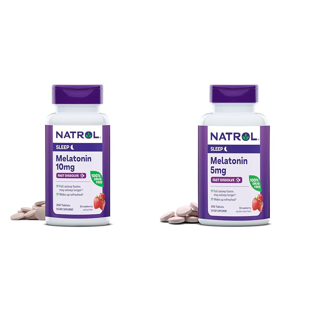 Natrol Melatonin 10mg 200 tabletter & 5mg 200 tabletter Strawberry-Flavored Fast-Dissolve Sleep Support Dietary Supplement Bundle